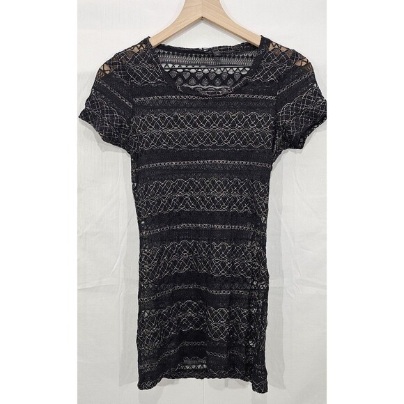 Sheer Lace Micro Mini Dress Y2K 90s Fairy Grunge Goth Glam Metallic Black Size M - Picture 1 of 13